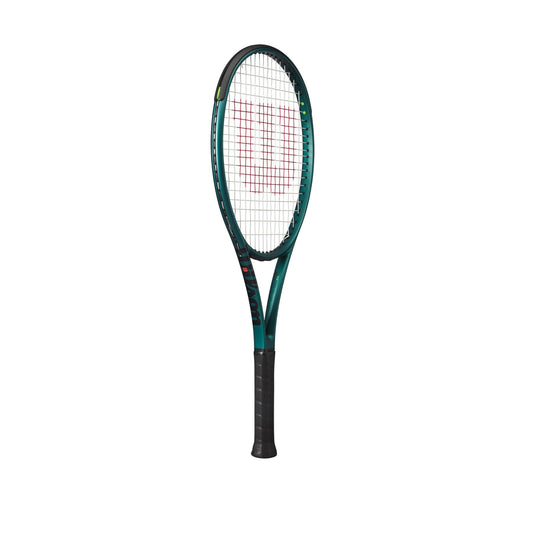 Tennis racket with a green and black design on a white background