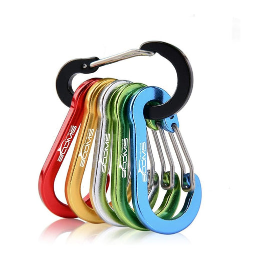 Set of five colorful carabiners with a black clip on a white background