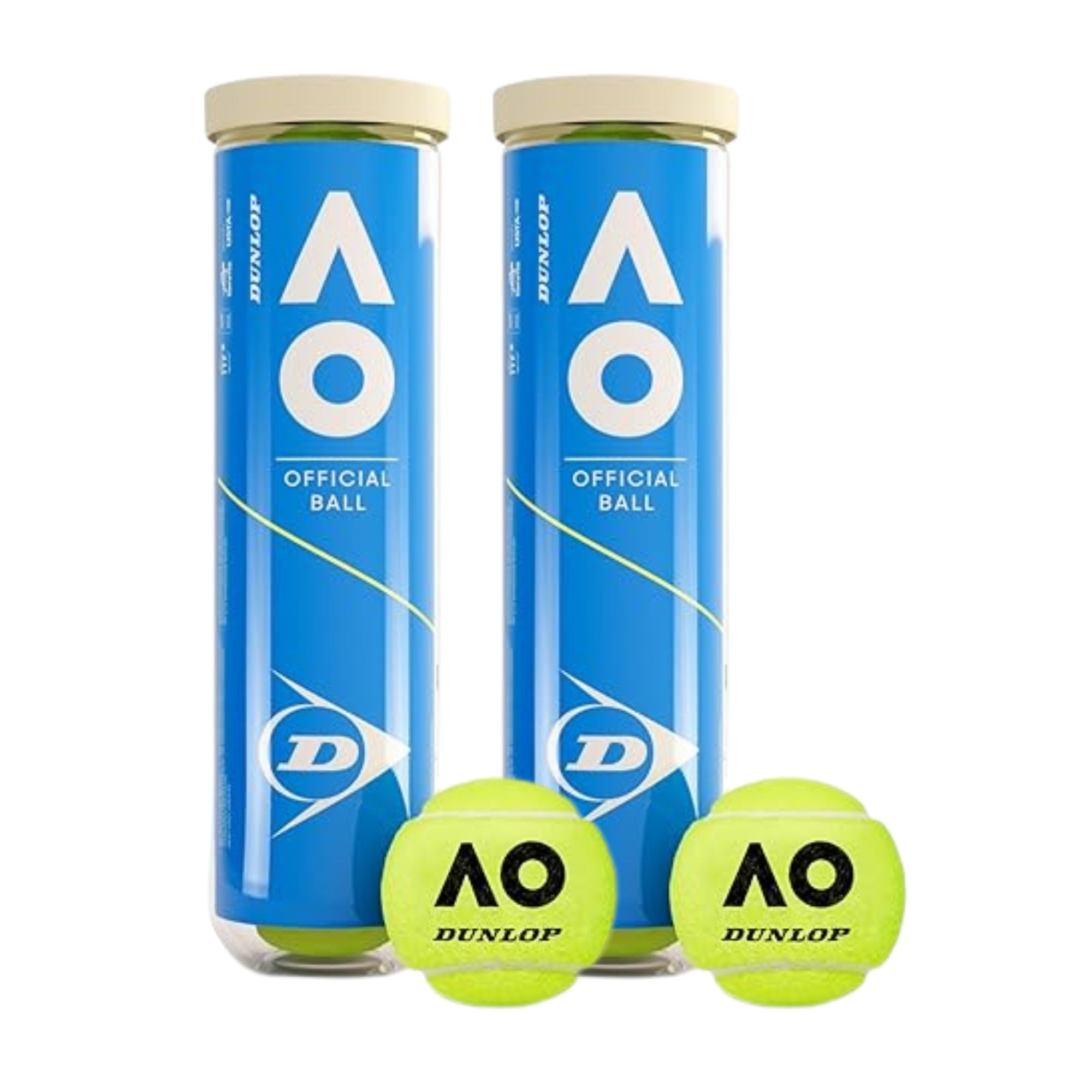 Blue packaging of two tennis ball canisters with AO and Dunlop logos on a white background