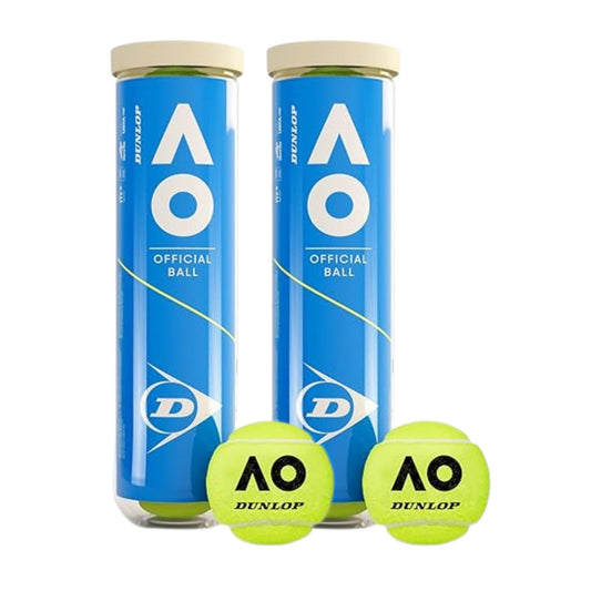 Blue packaging of two tennis ball canisters with AO and Dunlop logos on a white background