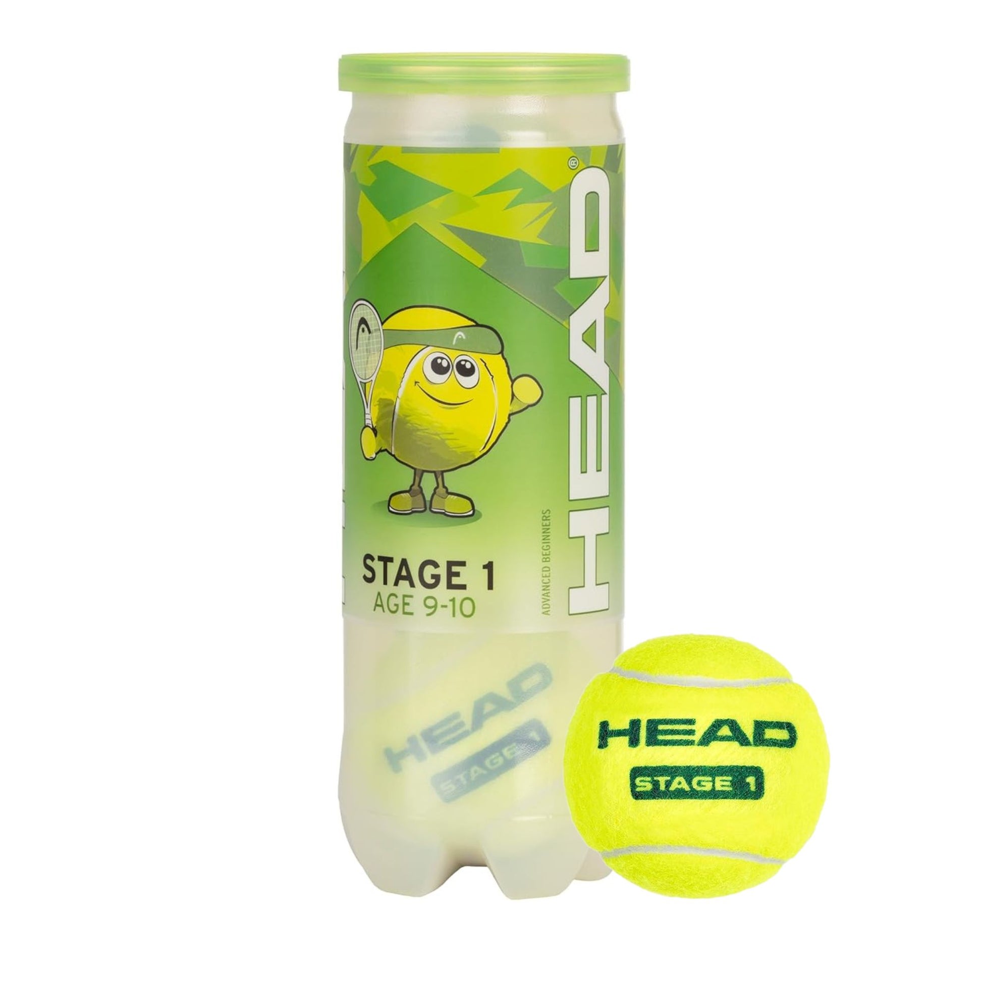 Head green stage 1 tennis ball. Includes canister with a cartoon character and a single ball on a white background