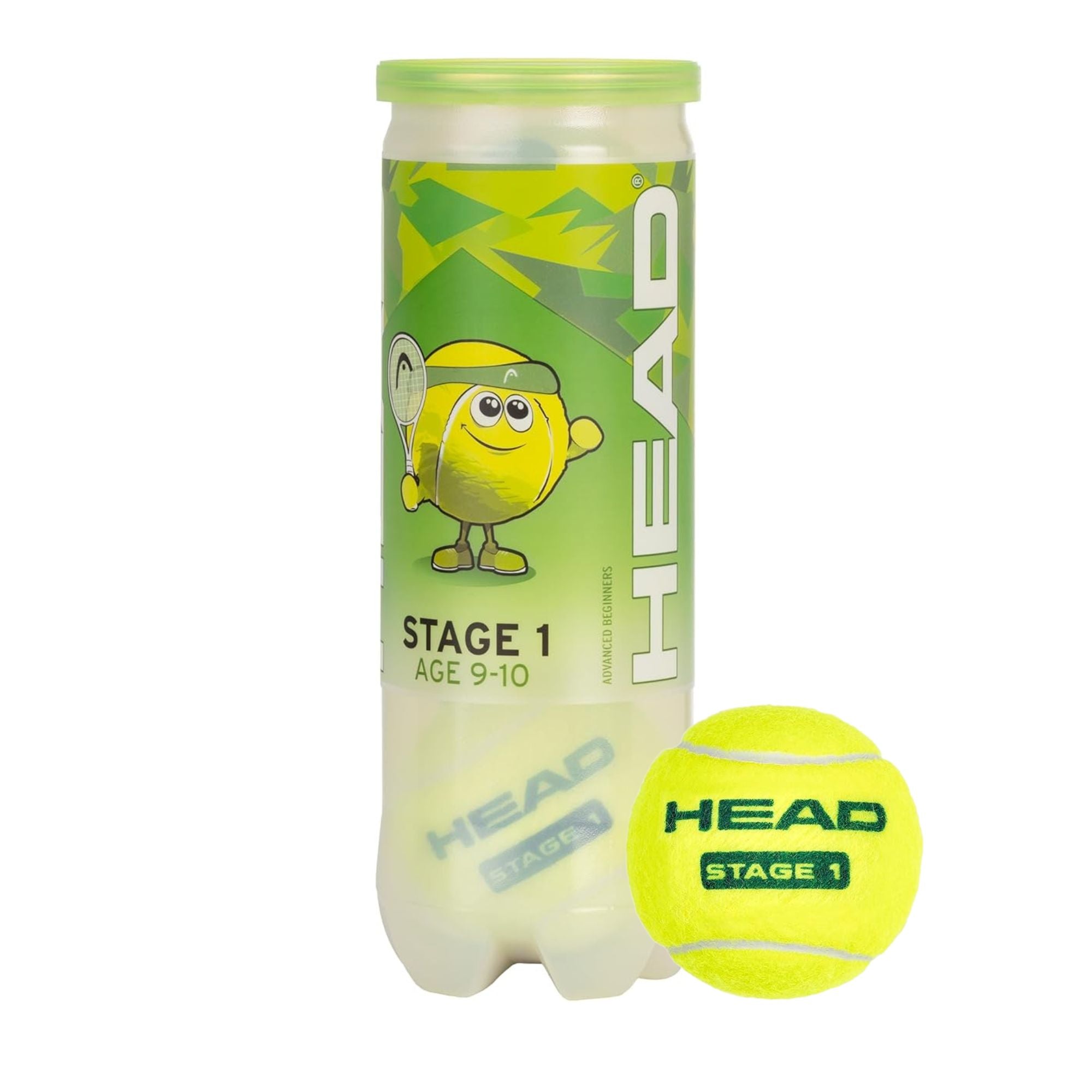 Head green stage 1 tennis ball. Includes canister with a cartoon character and a single ball on a white background