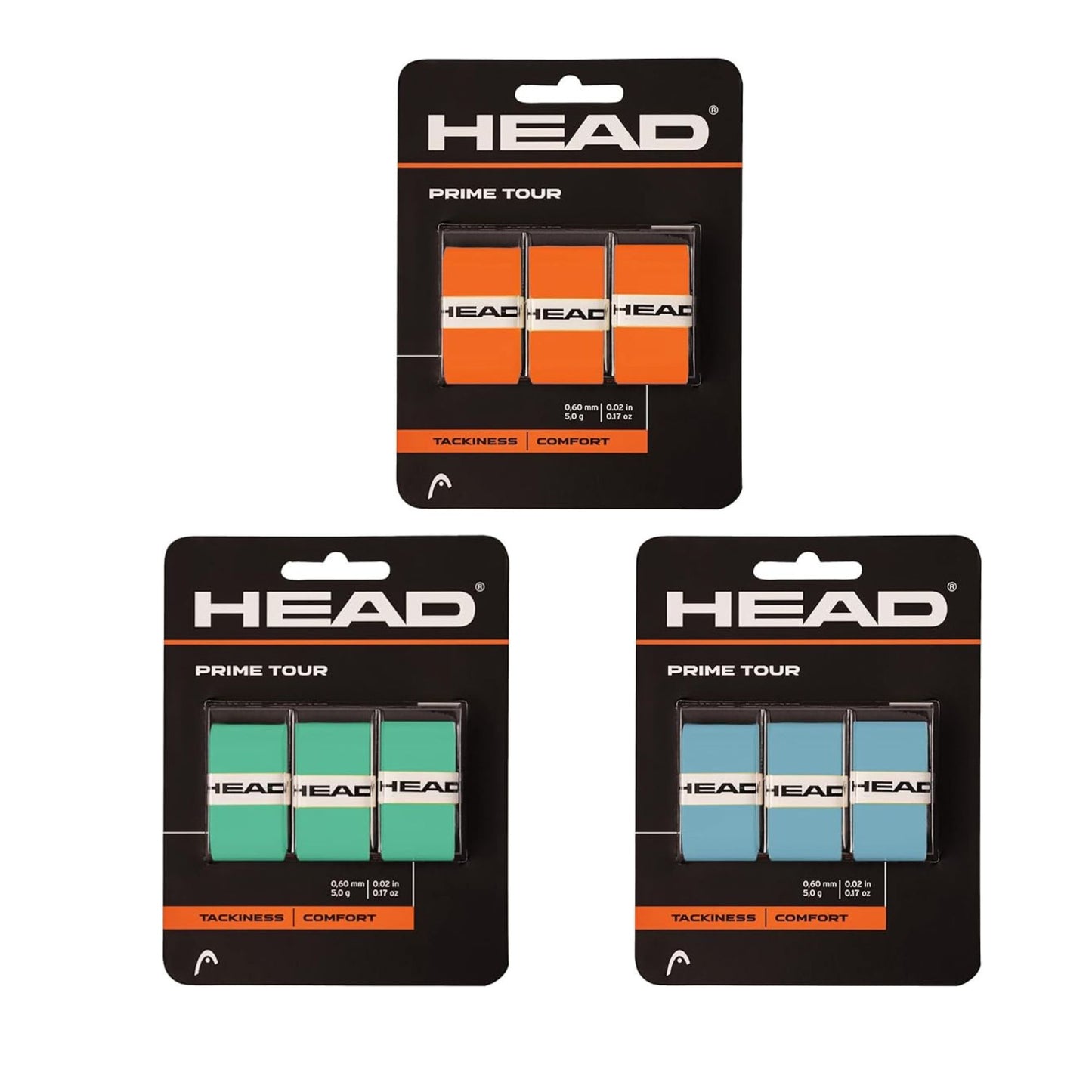 Three packages of HEAD Prime Tour tennis overgrips in different colors on a white background.