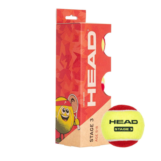 Head red stage 3 tennis ball. Includes canister with a cartoon character and a single ball on a white background