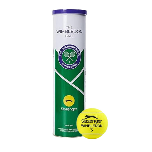 Slazenger Wimbledon tennis ball canister with a yellow ball on a white background