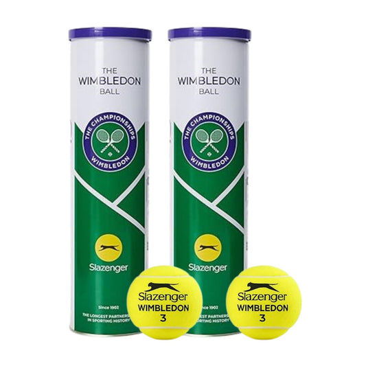 Two cans of Slazenger Wimbledon tennis balls on a white background